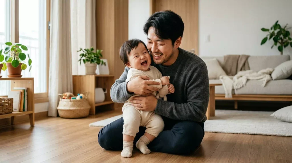 행복하게 웃으며 아기를 안고 있는 한국인 부모와 화사한 거실 풍경