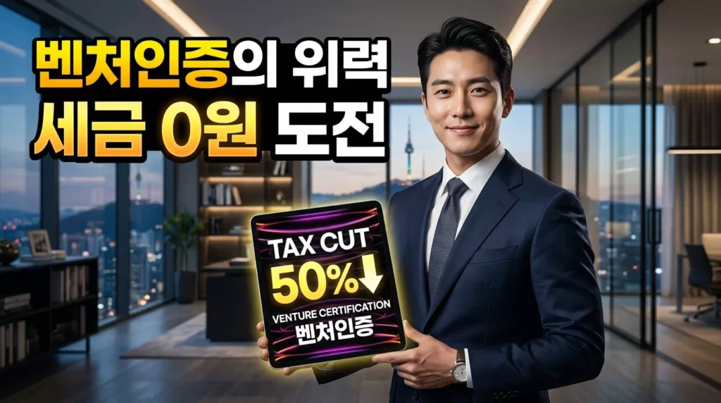 벤처기업 인증을 통한 법인세 및 취득세 감면 혜택을 설명하는 기업 CEO 이미지