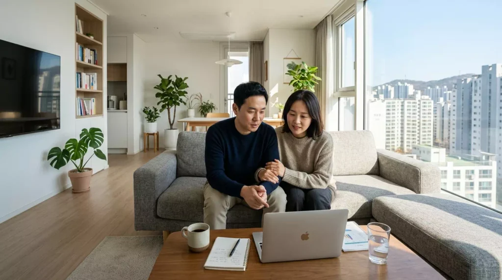 2026 근로장려금 신청 자격 자가진단: 필수 누락 주의사항 5가지 2 거실에서 가계부를 정리하며 근로장려금 자격을 확인하는 부부