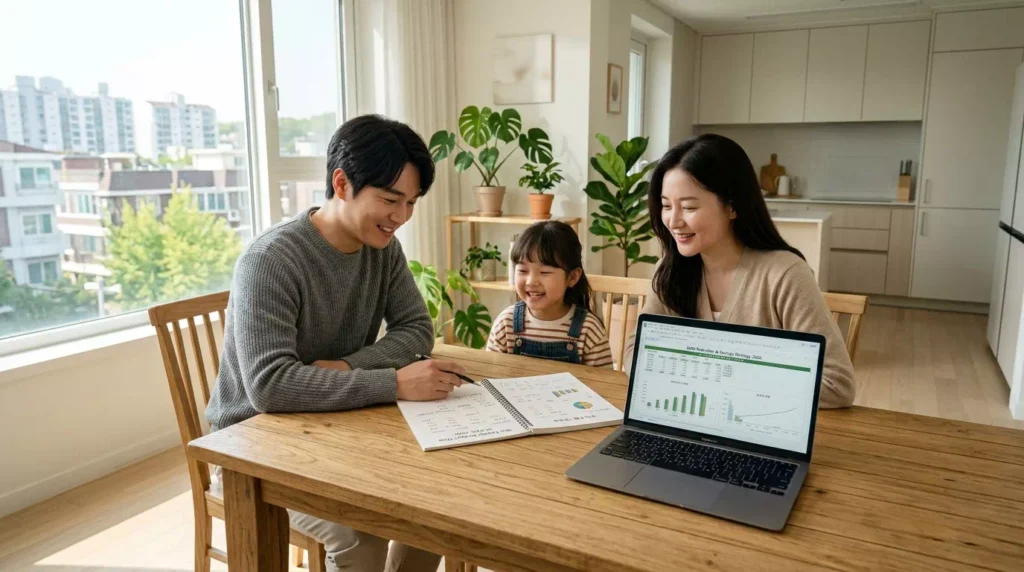부채 상환 계획을 세우며 밝게 웃고 있는 행복한 한국인 가족의 모습