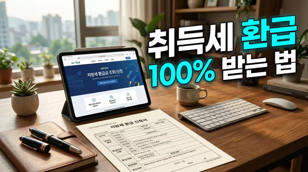 2026년 취득세 환급 신청 서식 작성 예시와 위택스 온라인 신청 방법을 설명하는 이미지