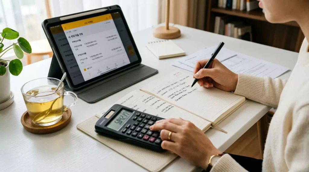 스마트폰 금융 앱을 활용해 대환대출 상품을 비교하는 한국인 여성의 손