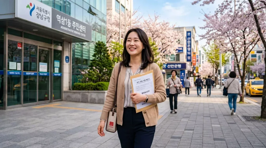 2026년 정부 육아 지원금 혜택을 확인하며 미소 짓는 한국인 여성