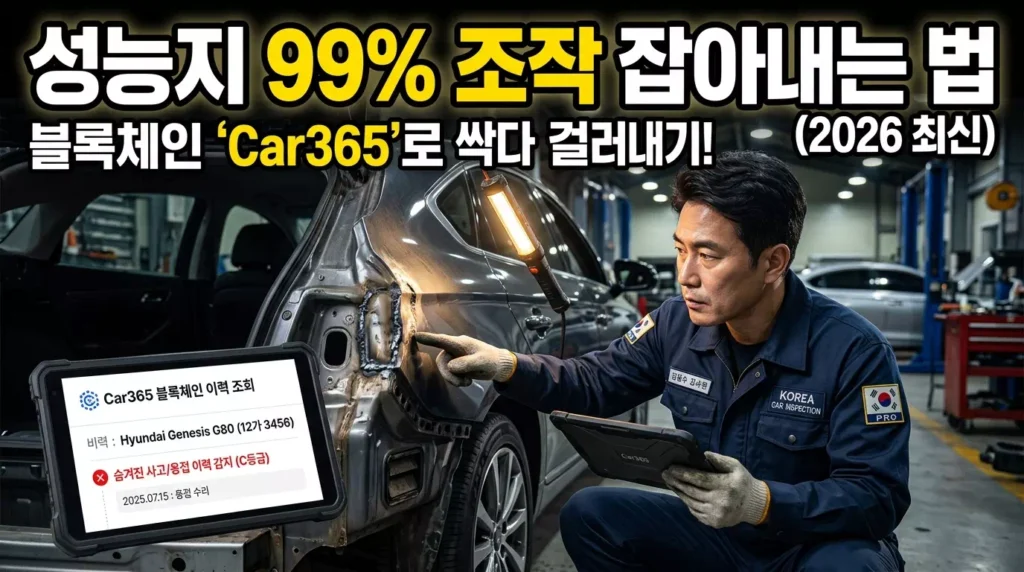 2026 중고차 성능점검기록부 조작 5가지 수법 및 완벽 대처 가이드 1 중고차 성능점검기록부 조작 여부를 확인하기 위해 블록체인 이력 앱과 실물 차량의 용접 흔적을 대조하는 전문가 이미지