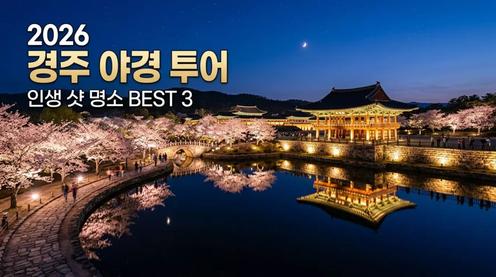 2026 경주 야경 투어의 하이라이트인 동궁과 월지의 황금빛 반영과 벚꽃이 어우러진 야경 이미지