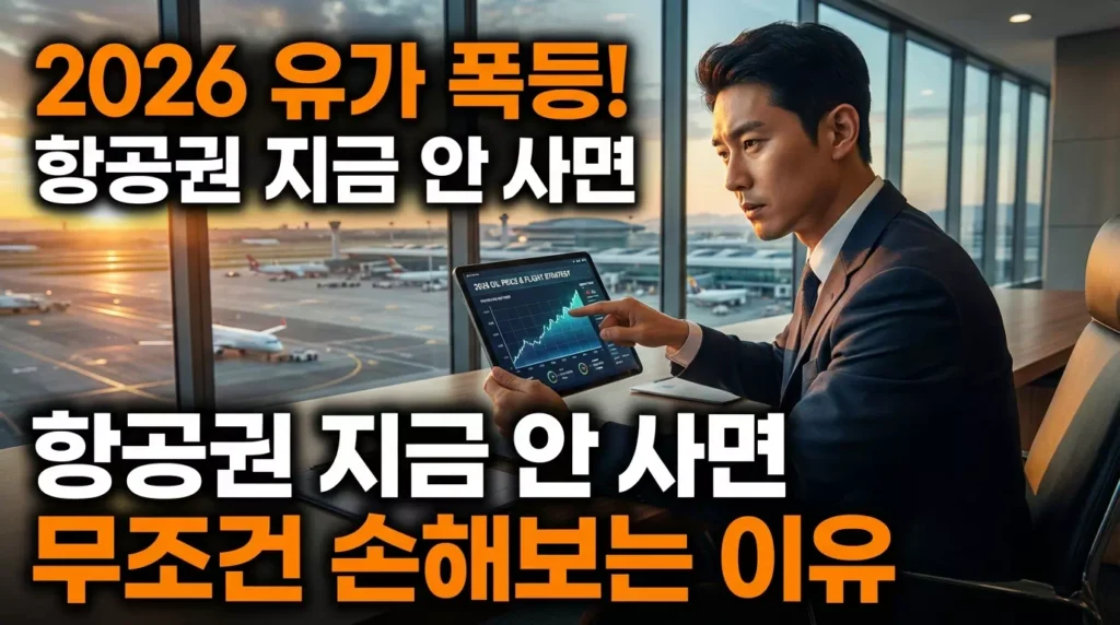 2026 항공권 구매 전략을 설명하는 여행 전문가와 상승하는 유가 그래프 이미지