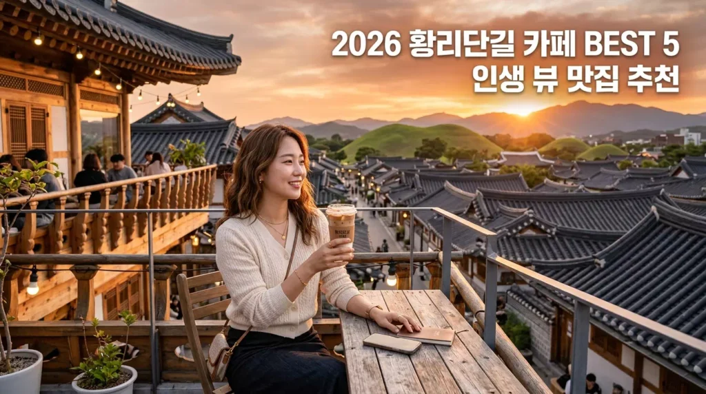2026년 경주 황리단길 오하이 루프탑에서 대릉원 뷰를 배경으로 커피를 즐기는 모습과 한옥 기와지붕 전경