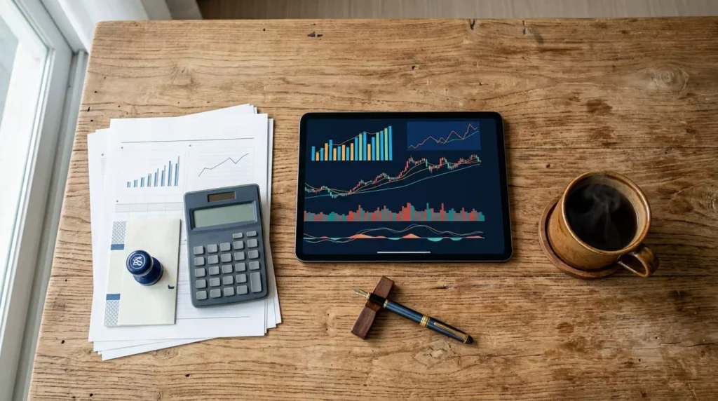 Office desk with financial charts 202607022221