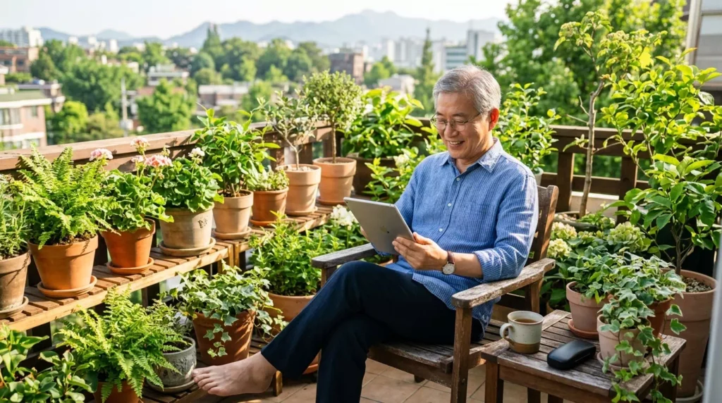 Retiree reading tablet in garden 202607161010