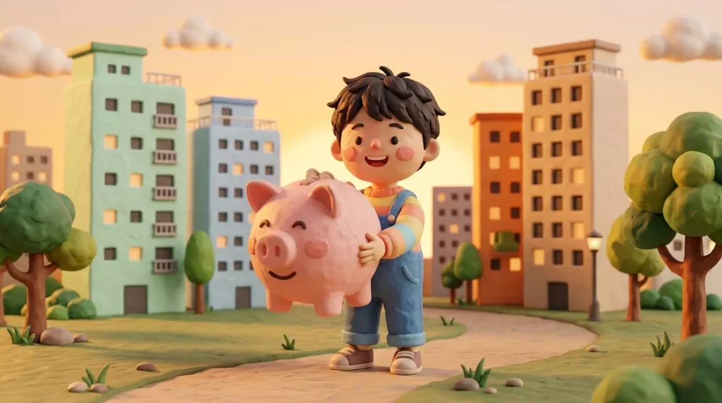 Young character holding piggy bank 202607022221